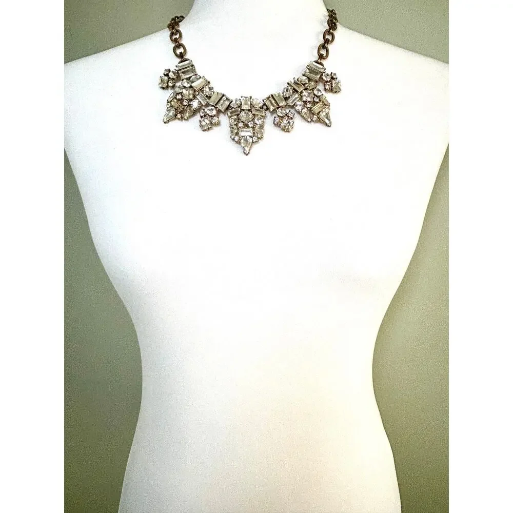 Vintage J. Crew Gold Tone Crystal Cluster Statement Necklace EUC